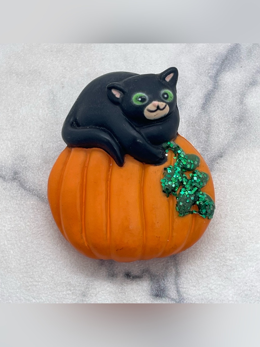 Vintage Black Cat on Orange Pumpkin Brooch Fun World Halloween Fall Autumn